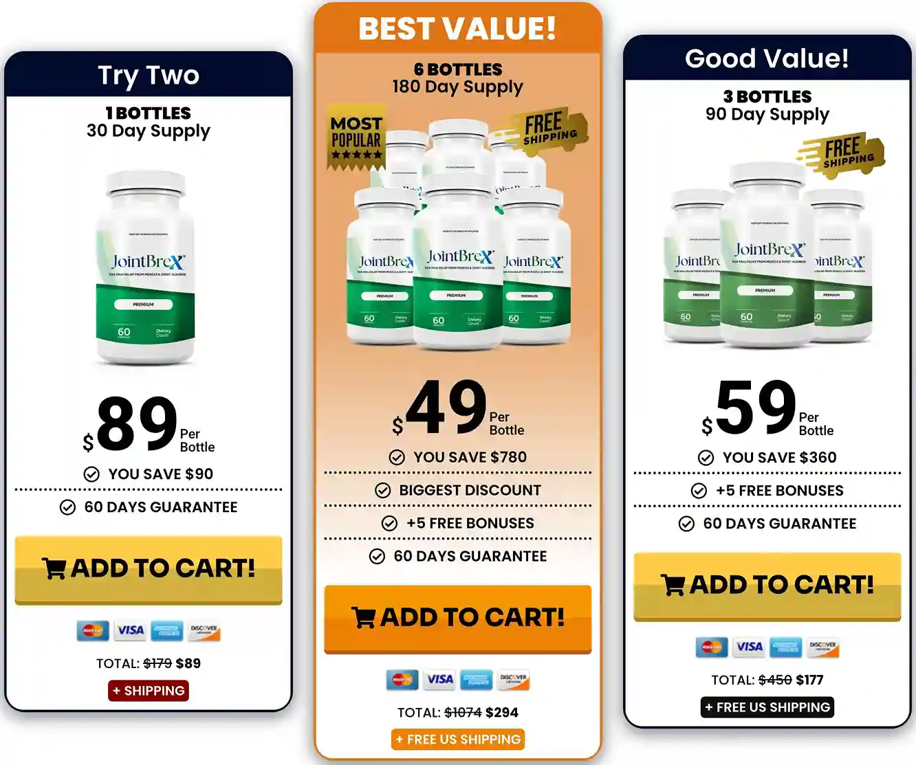 JointBrex Pricing – 1-Bottle, 3-Bottle and 6-Bottle Supply Packages with Free Shipping
